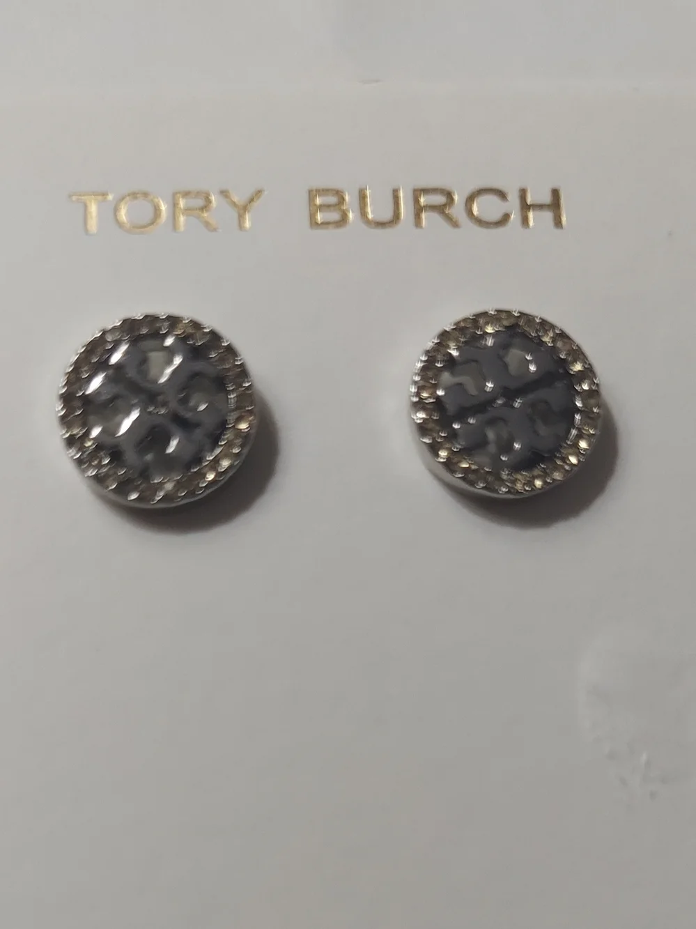 Tory Burch Silver Crystal Logo Round Stud Earrings